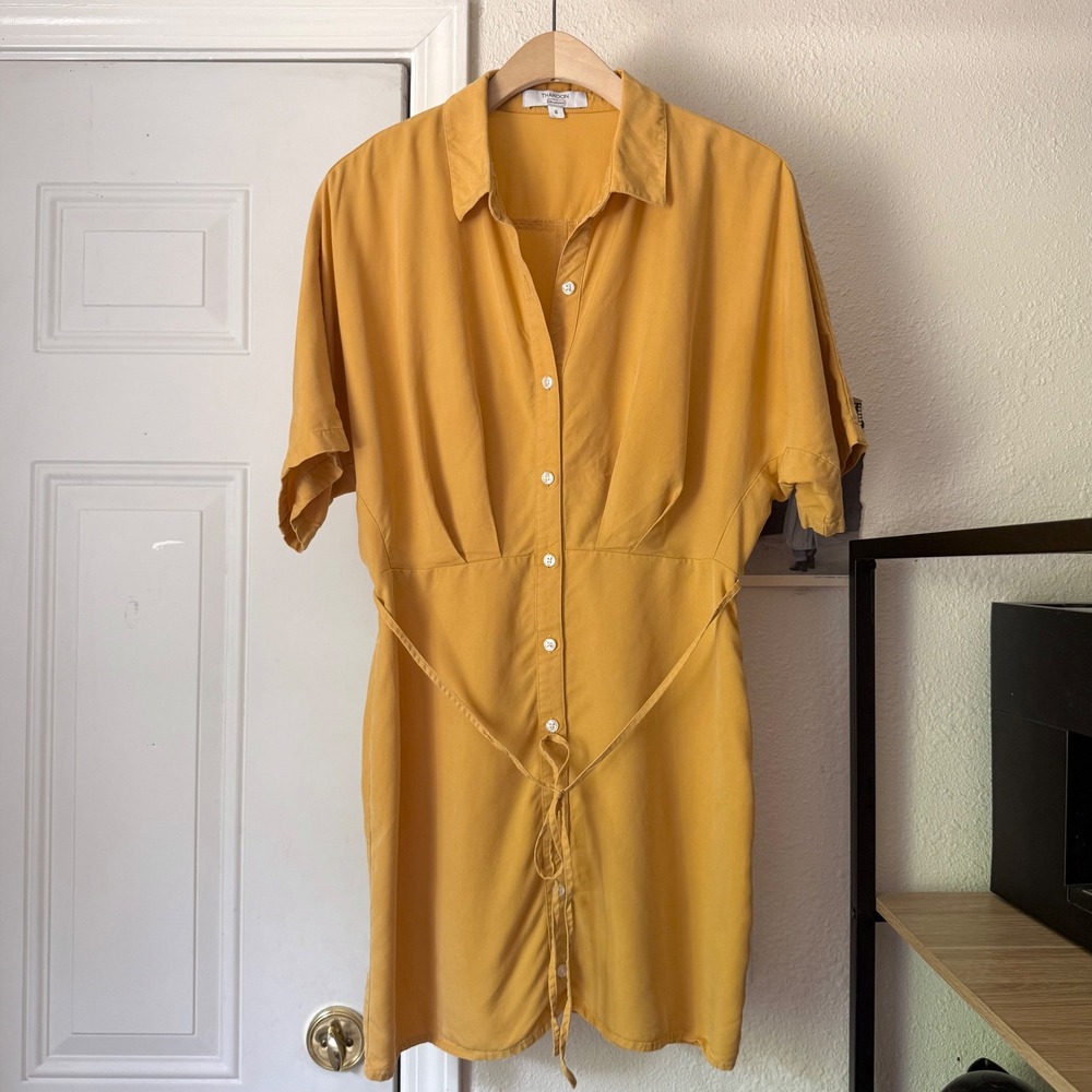 THAKOON mustard yellow batwing Dolman short sleeve tie button up mini dress